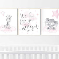 Girls room decor, Nursery decor girl pink and gray, nursery decor girl pink, Elephant and giraffe nursery, we love you to the moon and back