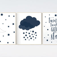 Navy blue nursery prints, baby room decor boy, Nursery wall art, boys room, moon and stars, twinkle twinkle little star, moon nursery