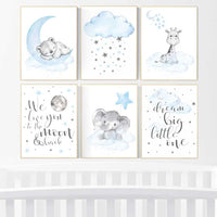 Nursery decor boy elephant, giraffe, bear, we love you to the moon and back, Blue and gray, nursery wall art boy, animal prints, dream big