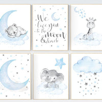Blue grey nursery boy, Nursery decor boy elephant, giraffe, bear, Blue and grey, nursery wall art boy, Animal nursery prints, baby room