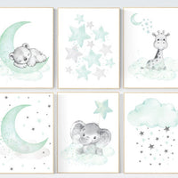 Nursery decor mint and grey, nursery wall art neutral, moon and stars, mint green, bear, giraffe, elephant, gender neutral nursery
