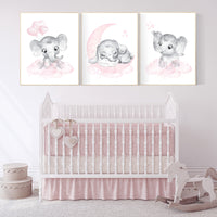 Elephant nursery art, elephant nursery print, pink and gray nursery, moon and stars nursery, baby room decor girl, nursery prints girl