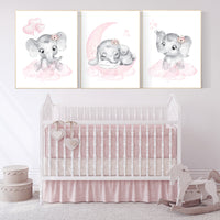 Elephant nursery wall art, Nursery decor girl, nursery decor girl pink, pink nursery, we love you to the moon and back, cloud and stars