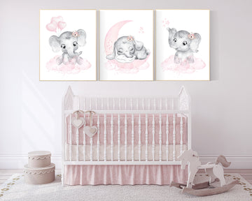 Elephant nursery wall art, Nursery decor girl, nursery decor girl pink, pink nursery, we love you to the moon and back, cloud and stars