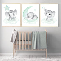 Elephant nursery art, elephant nursery print, mint nursery decor, baby room wall art, gender neutral, aqua, moon stars, elegant, mint green