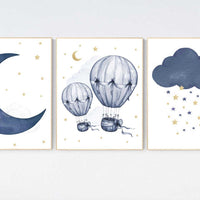 Nursery decor boy, Navy gold, cloud moon and stars nursery, hot air balloon, baby boy nursery idea, boy nursery art, navy and gold, prints