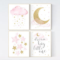 Nursery decor girl pink gold, cloud, moon and stars, pink and gold nursery art, girl nursery ideas, dream big little one, set of 4 prints