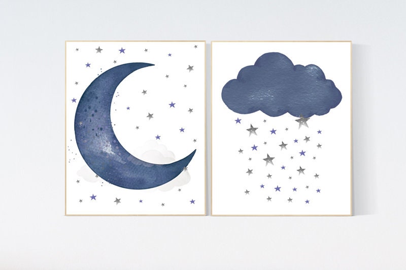 Navy nursery decor, moon and stars, moon and stars, navy blue nursery art. baby room wall art, boy nursery decor, set of 2, nursery art