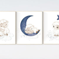 Sheep nursery decor, Nursery decor boy, nursery decor lambs, nursery wall art sheep, moon and cloud wall art nursery, navy nursery wall art