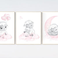 Nursery decor lamb, nursery wall art girl, Sheep nursery decor, sheep nursery art set, nursery decor girl farm, lamb nursery art, pink grey