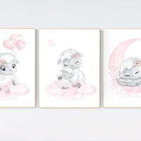 Lamb nursery, nursery wall art girl, Sheep nursery decor, sheep nursery art set, nursery decor girl farm, lamb nursery art, pink grey