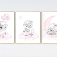 Lamb nursery, nursery wall art girl, Sheep nursery decor, Lamb Nursery Art Prints, Pink and Gray nursery decor girl farm, lamb nursery art