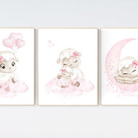 Nursery decor lamb, nursery wall art girl, Sheep nursery decor, sheep nursery art set, nursery decor girl farm, lamb nursery art, pink grey