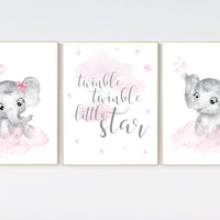 nursery decor elephant girl, baby room decor girl, nursery wall art elephant, pink gray elephant nursery, nursery prints elephants, set of 3