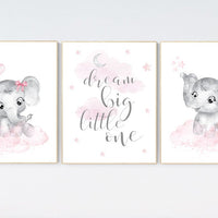 nursery decor elephant girl, baby room decor girl, nursery wall art elephant, pink gray, nursery prints elephants, dream big little one