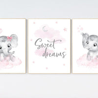 Nursery decor elephant girl, nursery wall art elephant, pink gray, nursery prints elephants, pink grey, elephant nursery wall art, set of 3