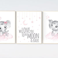 Baby room decor elephant, Nursery decor girl pink and gray, nursery decor girl pink, nursery wall art girl, we love you to the moon and back