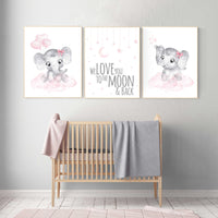 Baby room decor elephant, Nursery decor girl pink and gray, nursery decor girl pink, nursery wall art girl, we love you to the moon and back