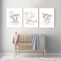 Nursery wall art girl elephant, pink and gray nursery, we love you to the moon and back, pink nursery art, moon and stars, baby room decor