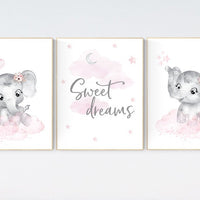Nursery decor elephant girl, nursery wall art elephant, pink gray, nursery prints elephants, pink grey, elephant nursery wall art, set of 3