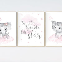 nursery decor elephant girl, baby room decor girl, nursery wall art elephant, pink gray elephant nursery, nursery prints elephants, set of 3