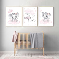 nursery decor elephant girl, baby room decor girl, nursery wall art elephant, pink gray elephant nursery, nursery prints elephants, set of 3