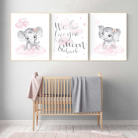 Nursery wall art girl elephant, pink and gray nursery, we love you to the moon and back, pink nursery art, moon and stars, baby room decor