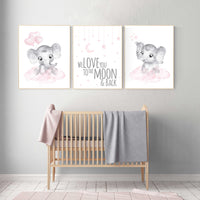 Baby room decor elephant, Nursery decor girl pink and gray, nursery decor girl pink, nursery wall art girl, we love you to the moon and back