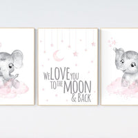 Baby room decor elephant, Nursery decor girl pink and gray, nursery decor girl pink, nursery wall art girl, we love you to the moon and back
