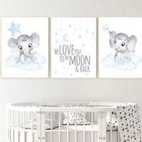 Nursery decor boy elephant, nursery wall art elephant, we love you to the moon and back, Elephant Nursery, boy nursery art, blue grey
