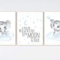 Nursery decor boy elephant, nursery wall art elephant, we love you to the moon and back, Elephant Nursery, boy nursery art, blue grey