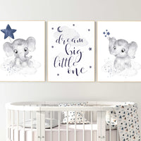 Nursery decor boy navy blue, navy nursery decor, dream big little one, moon and stars, navy blue nursery art. baby room art, elephant