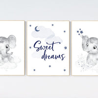 Nursery decor elephant, navy nursery decor, moon and stars, navy blue nursery art, baby boy nursery, wall art, nursery prints, baby registry
