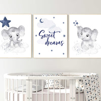 Nursery decor elephant, navy nursery decor, moon and stars, navy blue nursery art, baby boy nursery, wall art, nursery prints, baby registry