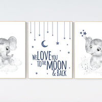 Nursery wall art boy, nursery decor elephant, nursery prints, navy nursery decor, navy blue nursery art, we love you to the moon and back