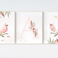Nursery wall art birds, nursery decor girl flower, Nursery decor girl floral, baby bird nursery, spring theme baby shower, bird nursery art