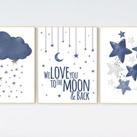 Nursery decor boy navy blue, nursery wall art boy, navy nursery decor, cloud, moon and stars, navy blue nursery art, nursery prints boy