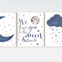 Nursery wall art boy, Nursery decor boy navy blue, navy nursery decor, moon and stars, we love you to the moon and back, nursery prints boy