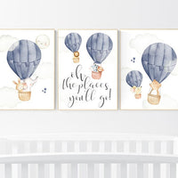 Hot air balloon nursery, Nursery decor boy, navy blue, travel theme, elephant, bear, lion, monkey, bunny, travel nursery, woodland animals