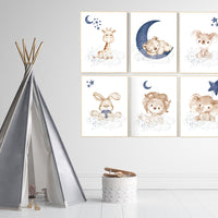 Animal nursery wall art, Nursery decor boy , elephant, bunny, bear, giraffe, lion, koala, baby room art, navy blue nursery, animal prints