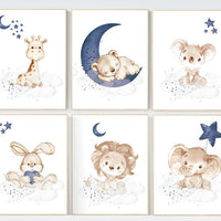 Animal nursery wall art, Nursery decor boy , elephant, bunny, bear, giraffe, lion, koala, baby room art, navy blue nursery, animal prints