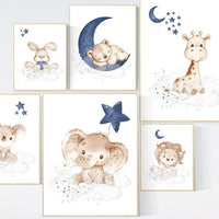 Animal nursery wall art, Nursery decor boy , elephant, bunny, bear, giraffe, lion, koala, baby room art, navy blue nursery, animal prints