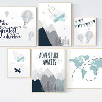 Adventure nursery decor, nursery decor boy adventure, nursery decor boy airplane, world map nursery, adventure awaits, hot air balloon