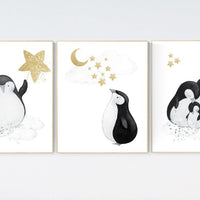 Penguin nursery decor, penguin nursery, gold nursery art, baby room wall art, boy nursery decor, nursery wall art penguin, neutral nursery