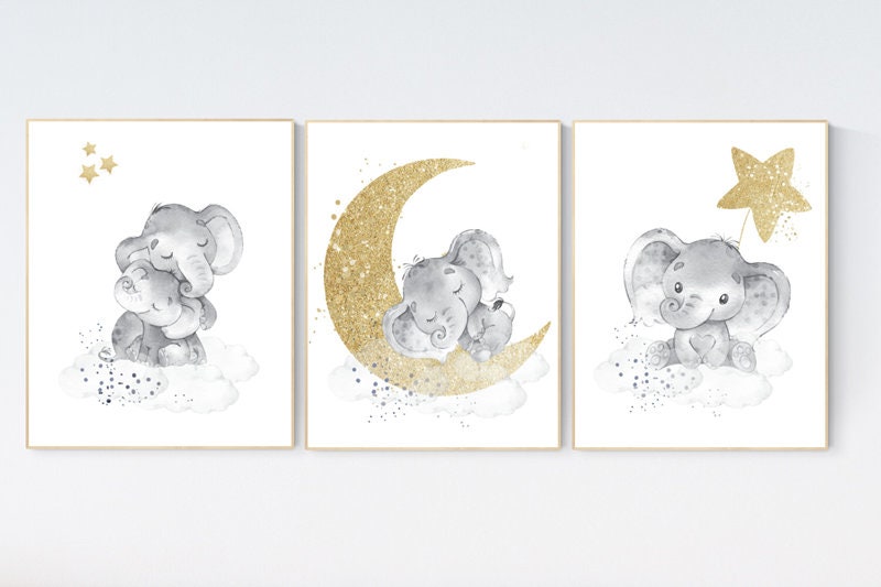 Navy nursery decor, elephant nursery, gold nursery art, baby room wall art, boy nursery decor, nursery wall art animals, neutral nursery art