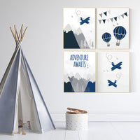 Mountain wall art nursery, nursery decor boy prints, adventure awaits, adventure nursery decor, navy blue nursery, plane nursery decor
