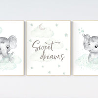 Nursery wall art gender neutral, nursery decor neutral, mint green nursery, baby room decor stars and moon, mint green elephant animal print