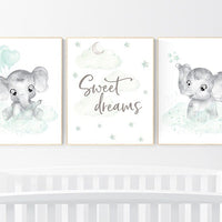 Nursery wall art gender neutral, nursery decor neutral, mint green nursery, baby room decor stars and moon, mint green elephant animal print
