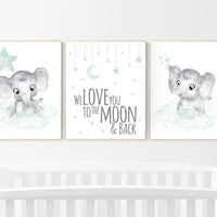 Baby room wall decor, Mint and grey nursery, Elephant theme, baby room pictures, gender neutral, mint green, unisex nursery ideas themes