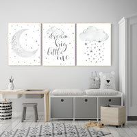 Nursery wall art black and white, gray nursery, nursery decor neutral, baby room decor gender neutral cloud and stars, dream big little one